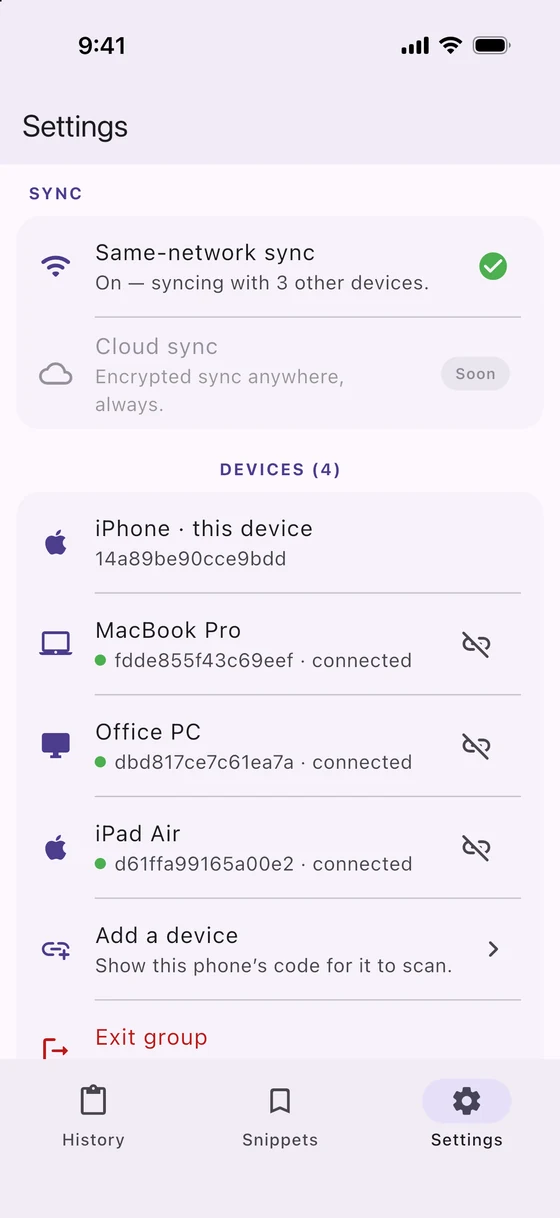 Clipnest on iPhone listing paired devices, all connected