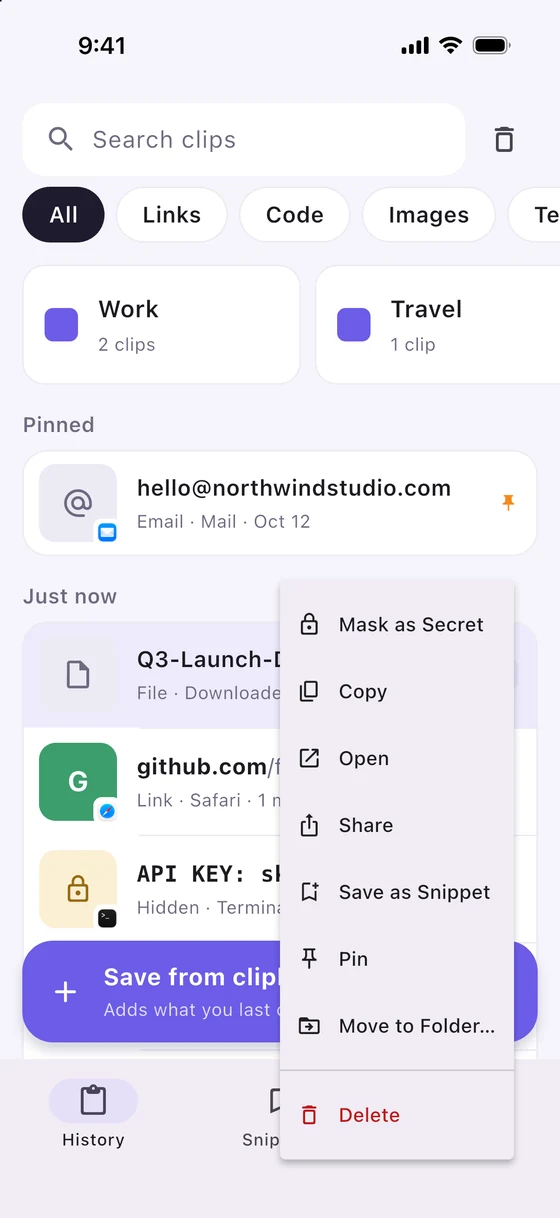 A file clip on iPhone with actions to copy, open, share, pin or move it