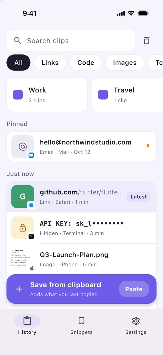 Clipnest on iPhone showing the same history with folders, a pinned email and a hidden card number