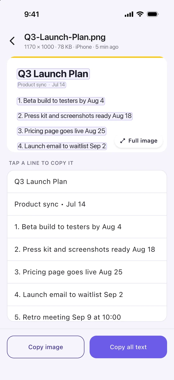 Clipnest on iPhone listing the lines of text found in an image, tap one to copy it