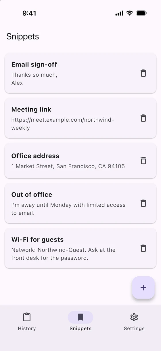 Saved snippets on iPhone: email sign-off, meeting link, office address