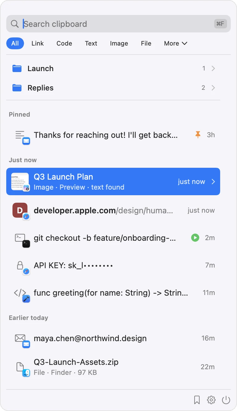 The Clipnest panel on a Mac with a clip selected, ready to paste
