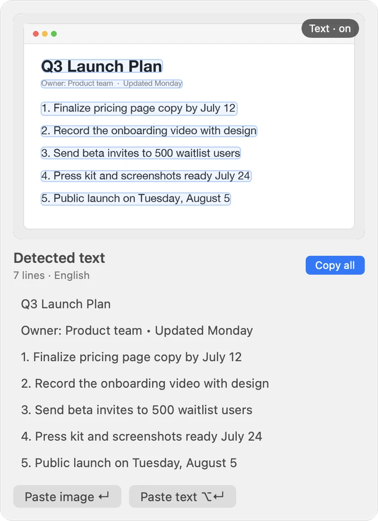 Clipnest reading the text inside a screenshot on a Mac, each line outlined and listed