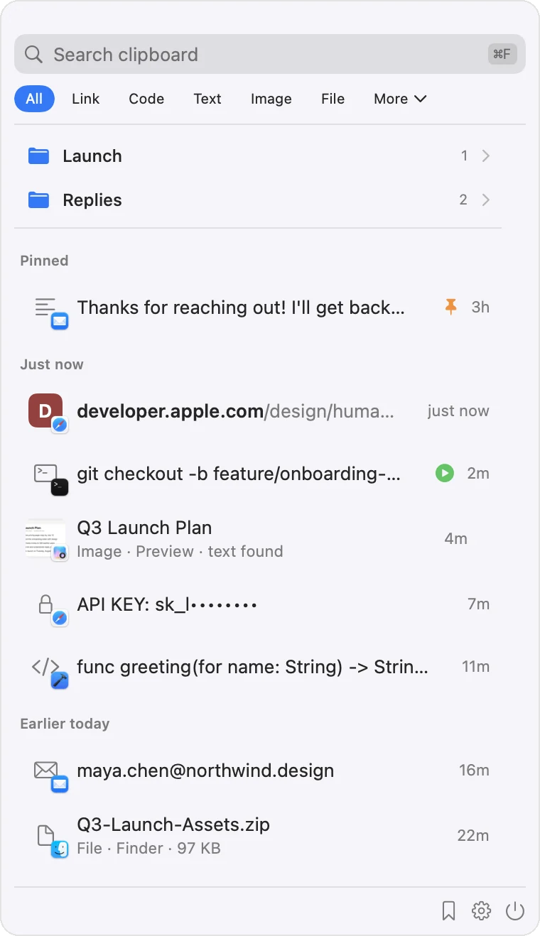 The Clipnest panel on a Mac: search, category filters, folders, a pinned reply, links, code, an image with its text found, and a hidden API key