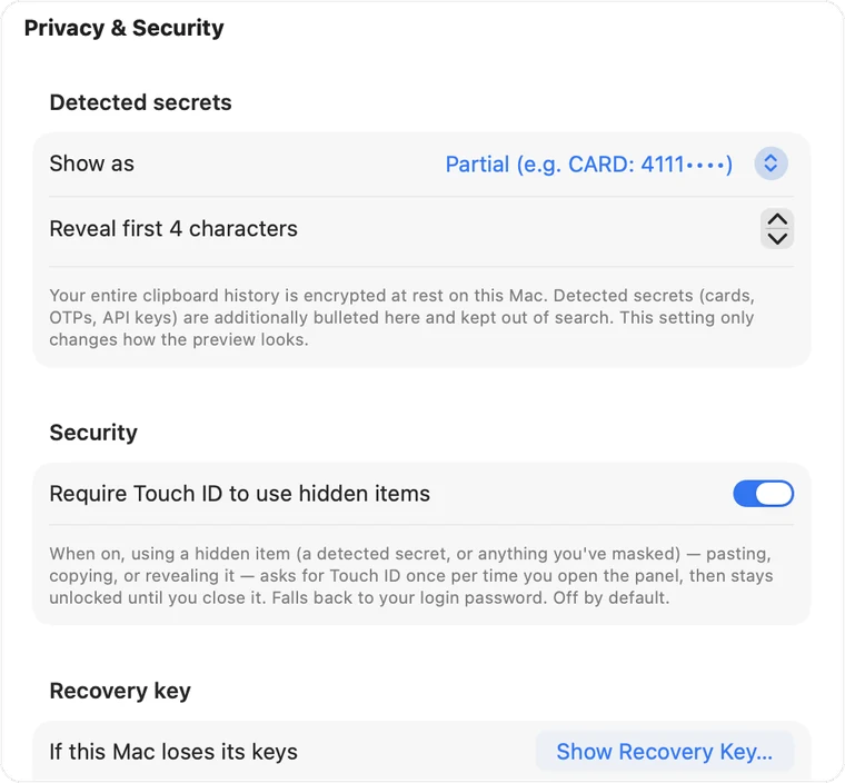 Clipnest privacy settings on a Mac: secrets shown partially, Touch ID required for hidden items, recovery key