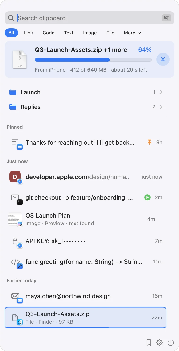 The Mac panel receiving a large file from an iPhone with progress and time left